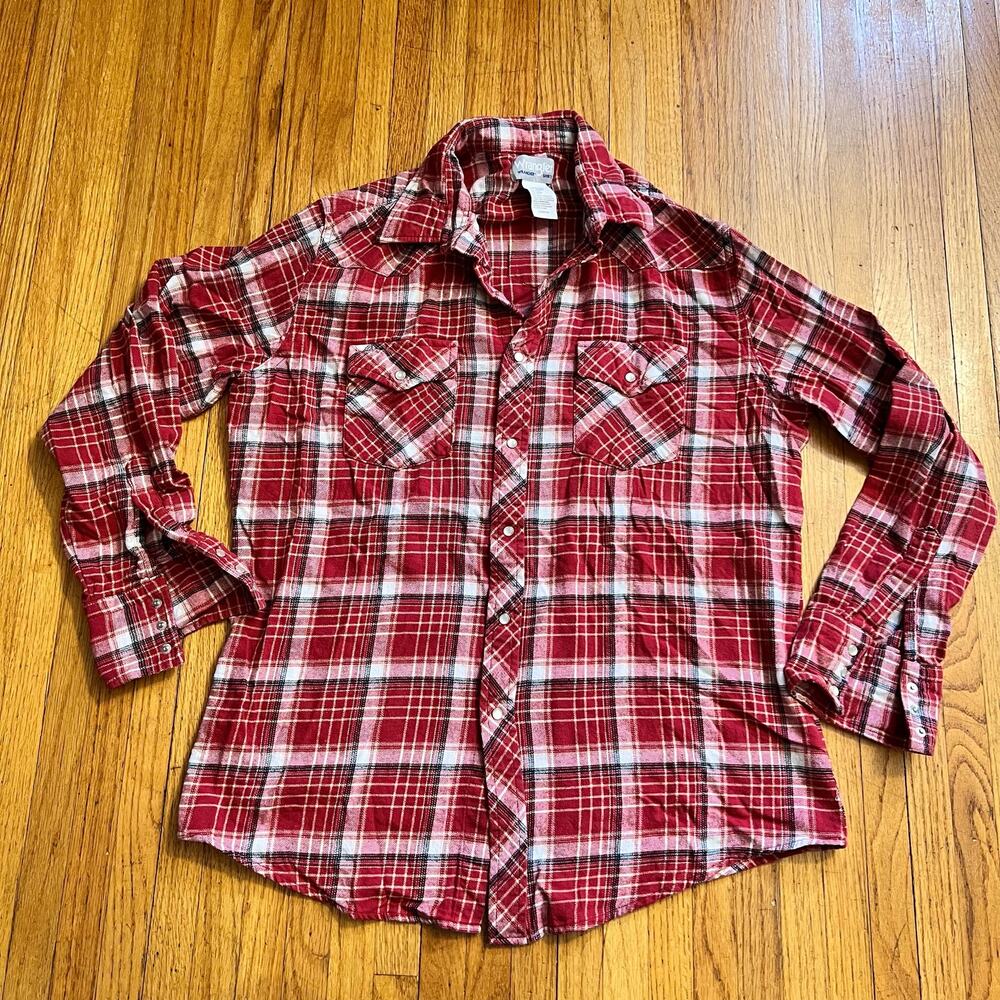 Wrangler Shirt Mens Large Wrancher Western Plaid Red Pearl Snap